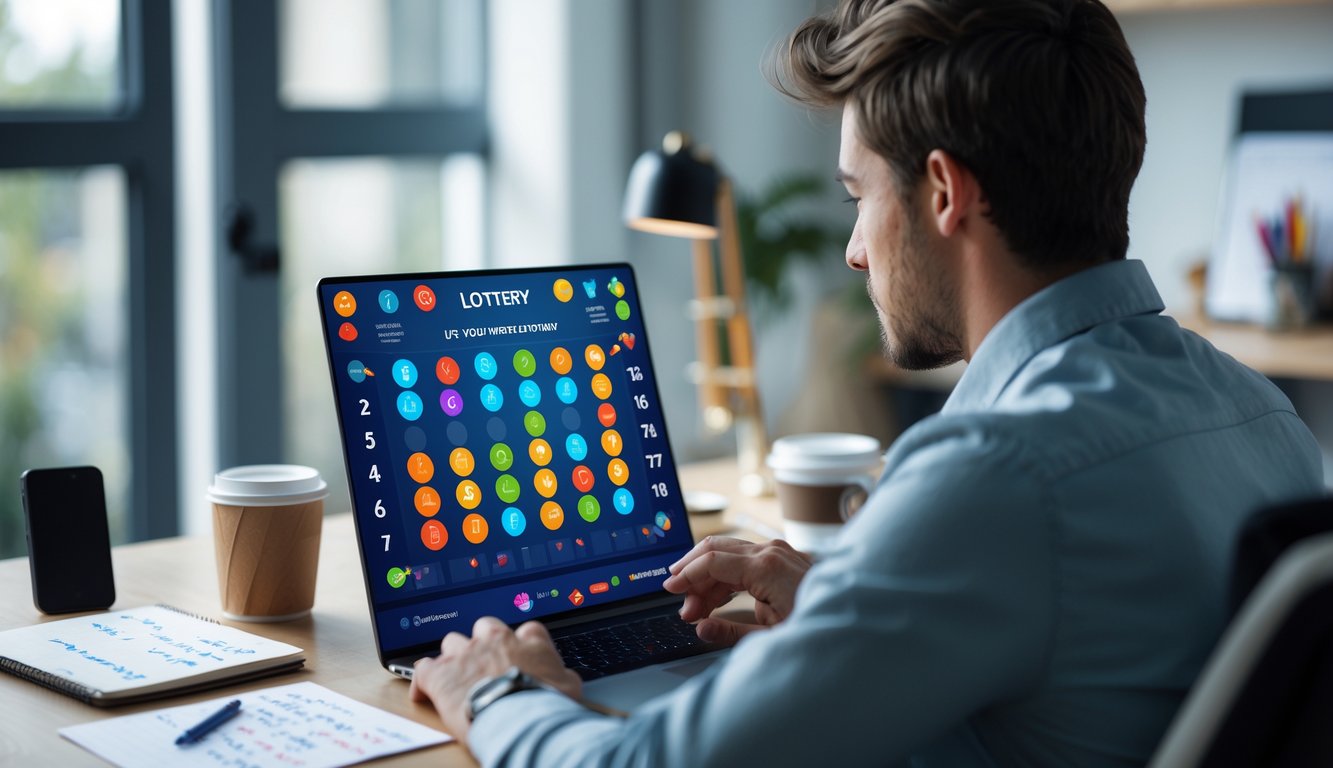 Seseorang duduk di meja kerja dengan laptop terbuka menampilkan antarmuka lotere online, di sekitar meja terdapat ponsel, cangkir kopi, dan buku catatan.