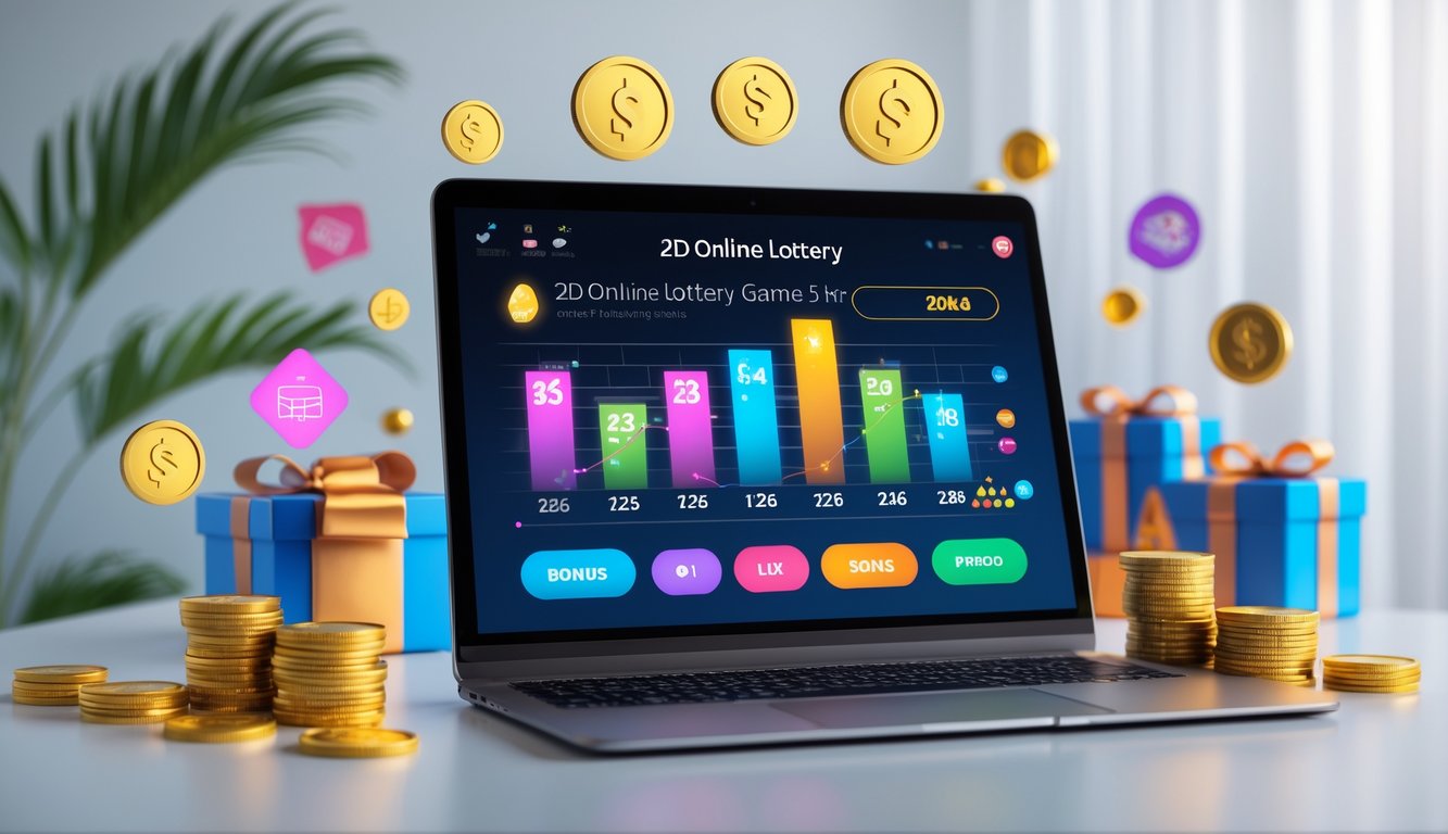 Seorang pengguna sedang bermain permainan togel online 2D di komputer dengan ikon bonus dan promo di sekitarnya.