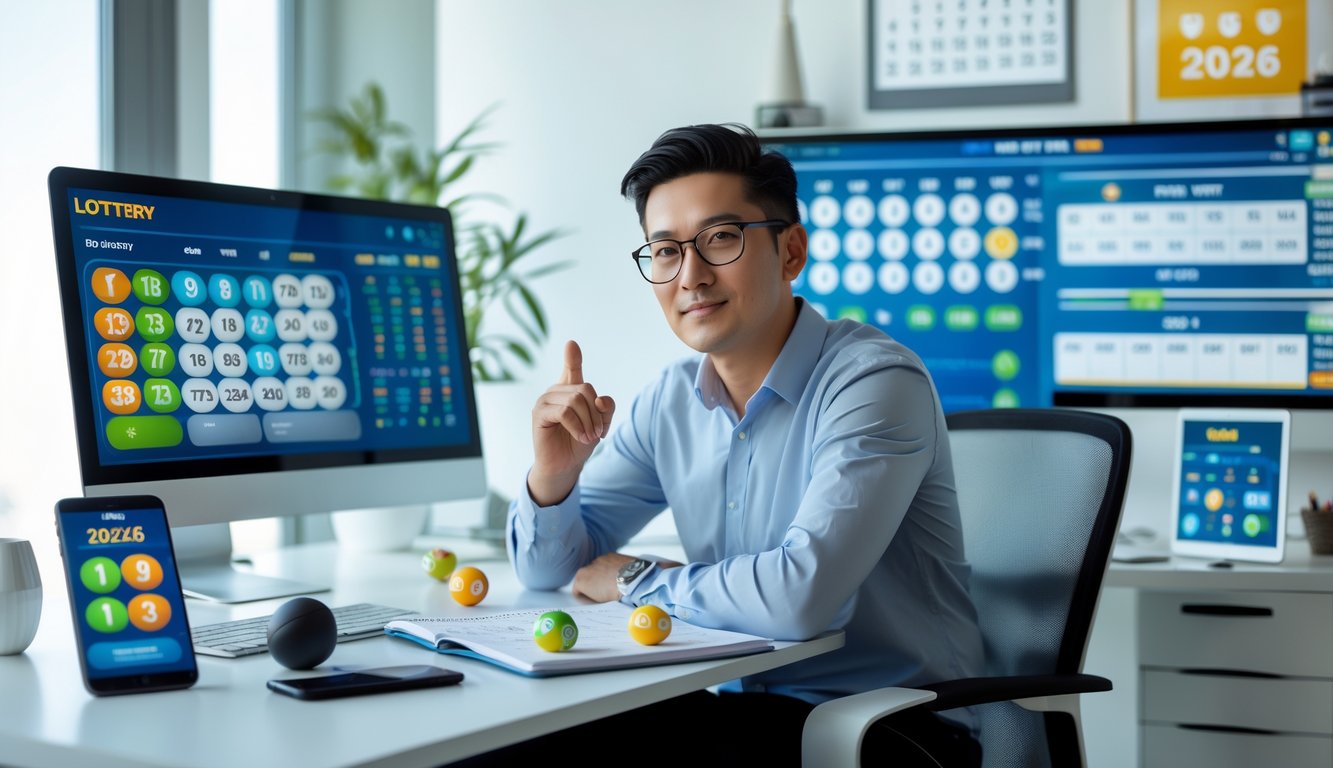 Orang dewasa duduk di meja dengan perangkat digital menampilkan angka togel dan grafik, fokus menganalisis data dalam ruangan kerja yang rapi.