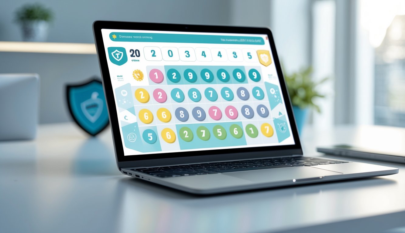 Seorang pengguna sedang melihat layar perangkat dengan antarmuka togel online 2D yang menampilkan angka dan bola lotre berwarna-warni di ruang kerja yang terang dan rapi.