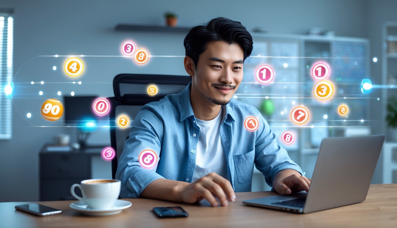 Seorang pria muda duduk di meja dengan laptop, fokus bermain permainan togel online di ruang kerja yang rapi.