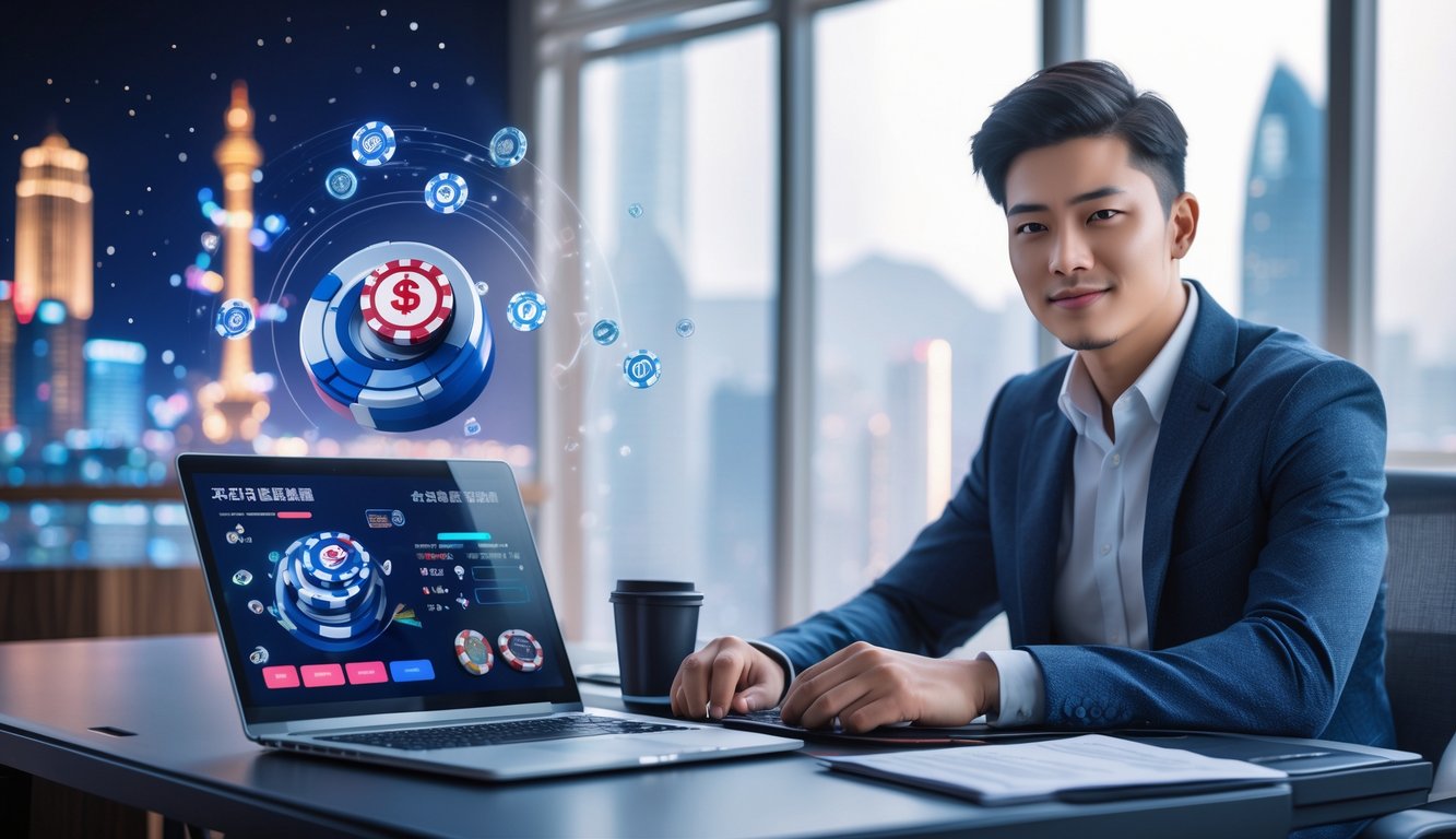 Seorang dewasa muda duduk di meja dengan laptop dan ponsel, tampak fokus belajar tentang judi online dengan latar belakang kota Macau dan simbol kasino.