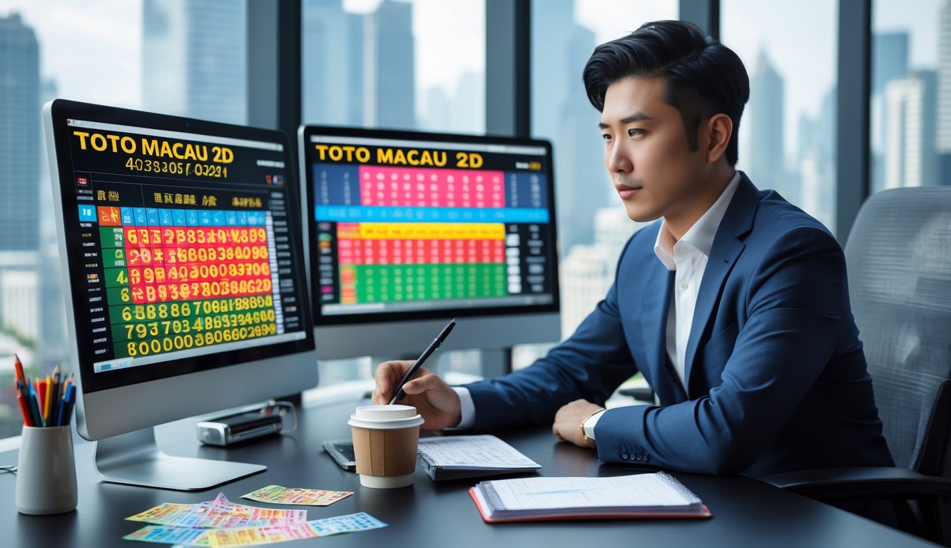 Seorang pria muda duduk di meja kerja dengan beberapa layar komputer yang menampilkan data dan angka lotere, di kantor modern dengan pemandangan kota di belakangnya.