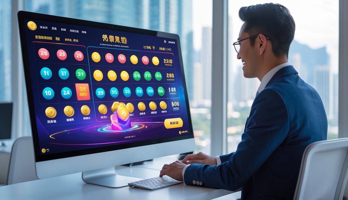 Orang menggunakan komputer dengan tampilan situs togel online dan latar belakang pemandangan kota Macau.