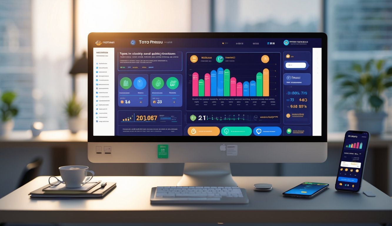 Meja kerja modern dengan komputer yang menampilkan antarmuka situs judi Toto Macau 2D terpercaya, dilengkapi dengan catatan dan ponsel di sekitarnya.