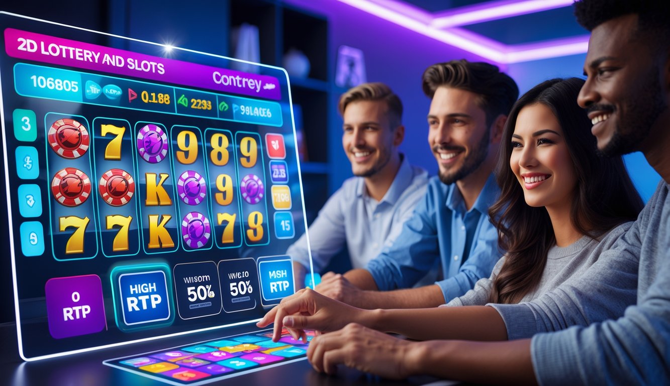 Orang-orang muda sedang menggunakan layar sentuh digital dengan tampilan permainan slot dan togel 2D di ruang bermain yang modern dan terang.