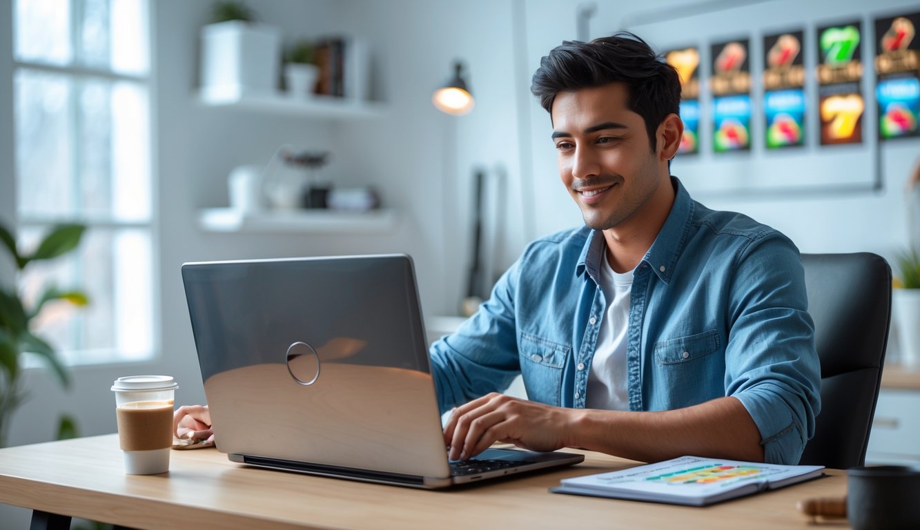 Seorang dewasa muda duduk di meja dengan laptop, fokus bermain permainan slot online di ruang kerja yang rapi dan terang.