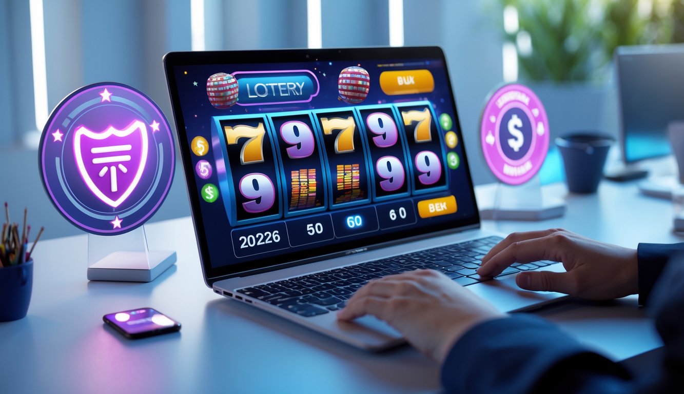 Orang menggunakan komputer dengan tampilan permainan slot 2D dan angka togel di layar, suasana modern dan profesional.