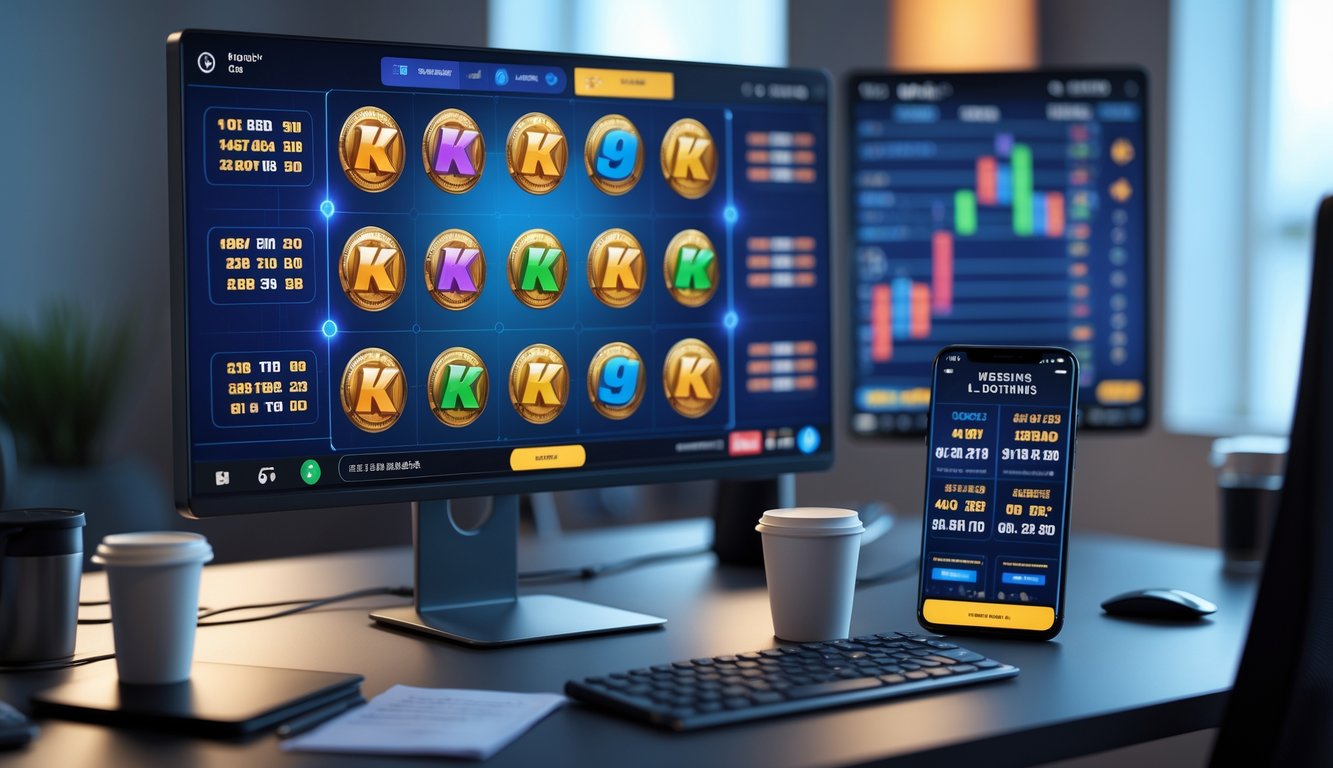 Meja kerja modern dengan komputer menampilkan permainan slot 2D dan grafik strategi, dilengkapi catatan dan ponsel yang menunjukkan situs togel terpercaya.