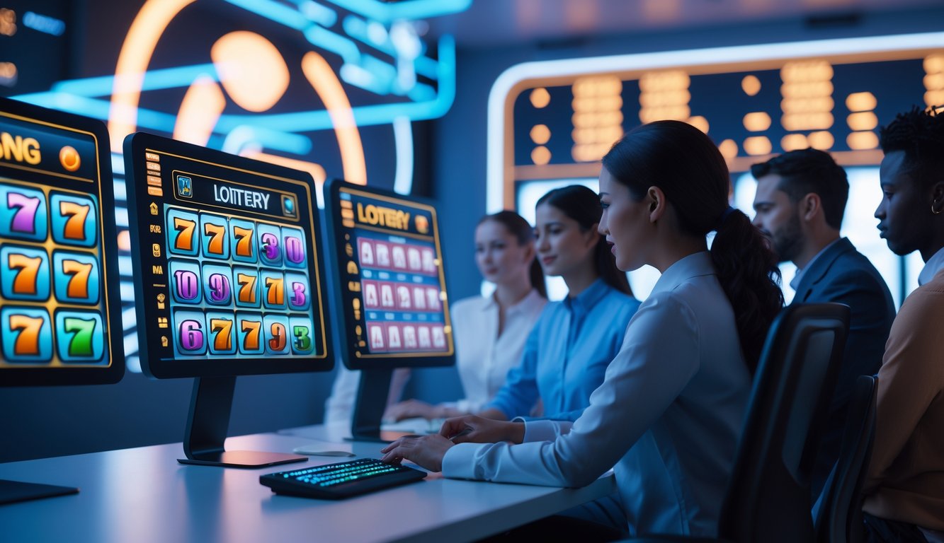 Orang-orang menggunakan komputer dengan layar menampilkan mesin slot dan angka togel di ruangan modern yang terang dan aman.