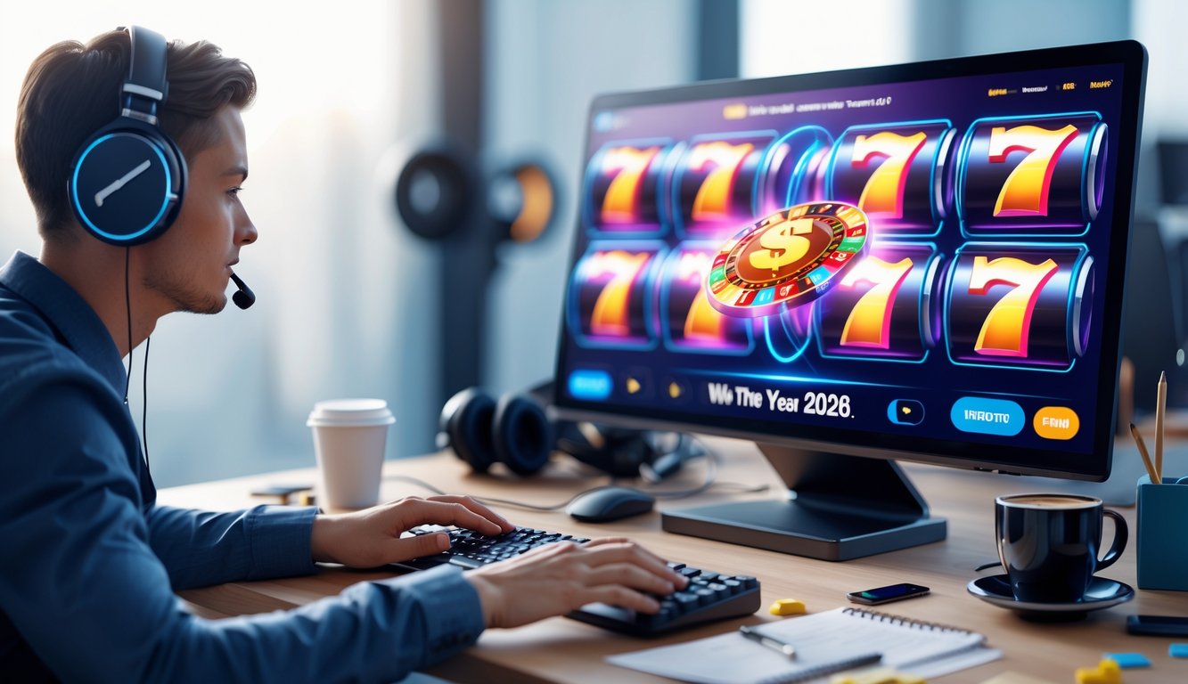 Meja kerja dengan komputer yang menampilkan grafik mesin slot 2D, dilengkapi dengan aksesori gaming dan suasana yang tenang.