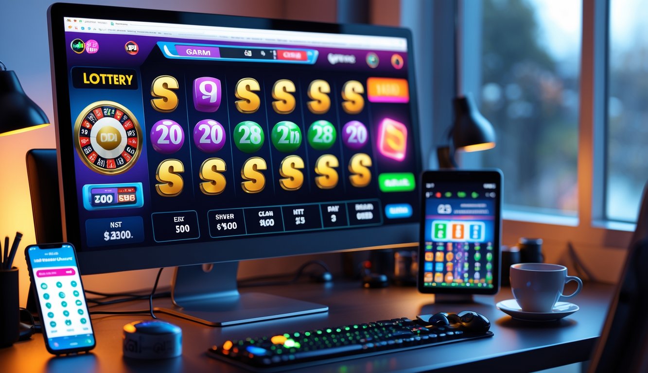 Sebuah meja kerja dengan komputer menampilkan permainan slot 2D dan perangkat pendukung di sekitarnya.