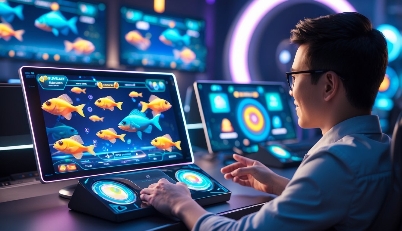 Seorang pemain menggunakan perangkat modern dengan layar menampilkan permainan menembak ikan yang penuh warna dan animasi ikan bergerak.