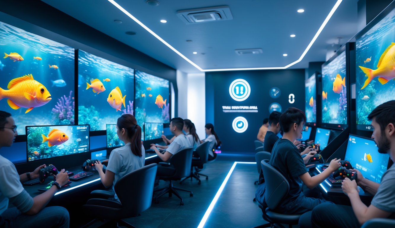 Sekelompok orang bermain permainan tembak ikan di ruang permainan modern dengan layar berwarna-warni dan suasana yang nyaman.