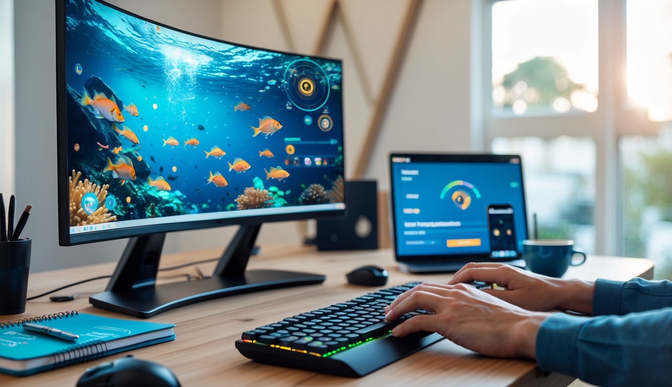 Seseorang menggunakan komputer dengan layar menampilkan permainan tembak ikan berwarna-warni di meja kerja yang rapi.