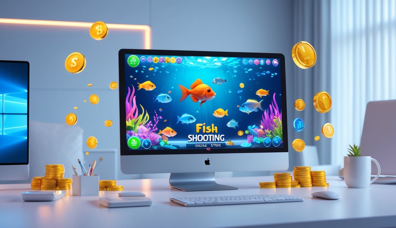 Sebuah layar perangkat menampilkan permainan tembak ikan dengan latar bawah laut dan ikon bonus serta koin digital di sekitar.