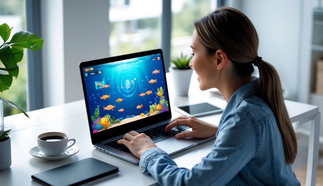 Seseorang sedang bermain game tembak ikan online di laptop di ruang kerja dengan pencahayaan alami.