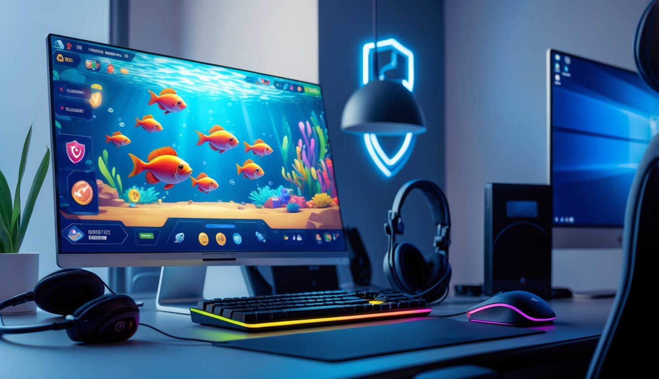 Sebuah setup gaming modern dengan komputer menampilkan permainan tembak ikan yang berwarna-warni dan elemen bawah laut, dikelilingi oleh aksesori gaming di atas meja yang rapi.