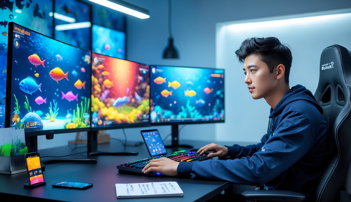 Seorang pemain muda sedang fokus bermain permainan menembak ikan di komputer dengan layar penuh warna dan dekorasi ruangan yang modern.
