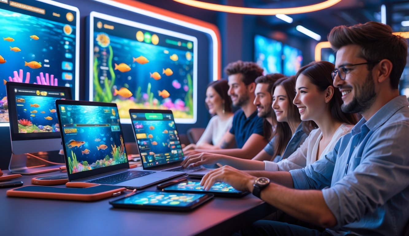 Sekelompok orang muda bermain game menembak ikan secara online di ruang bermain yang modern dan terang.
