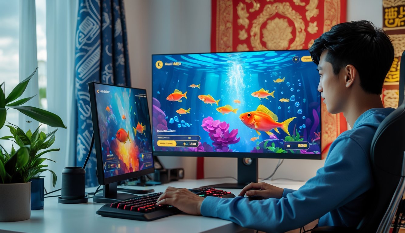 Seseorang sedang bermain game menembak ikan di komputer dengan latar ruangan yang rapi dan dekorasi bernuansa Indonesia.
