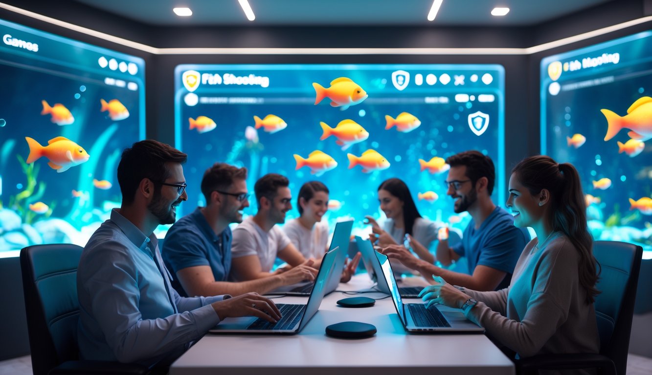 Beberapa orang bermain permainan tembak ikan secara online menggunakan berbagai perangkat di lingkungan yang aman dan nyaman.