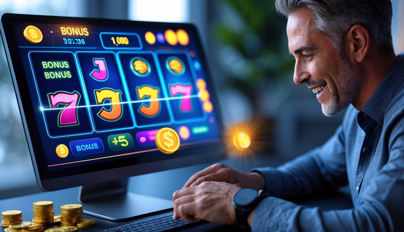 Seorang pemain dewasa menggunakan perangkat digital untuk bermain permainan slot online dengan latar belakang ruangan yang terang dan modern.