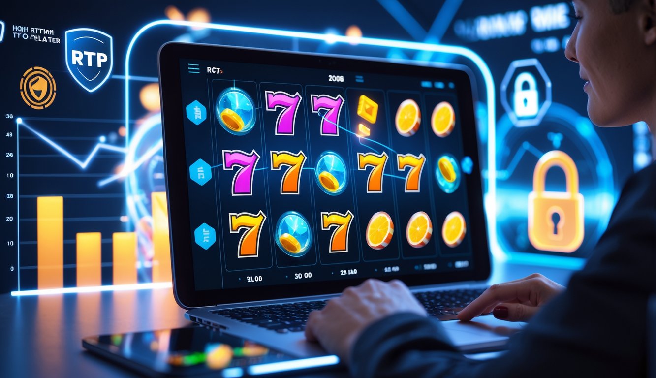 Seseorang menggunakan tablet untuk bermain mesin slot online dengan latar belakang antarmuka digital yang menunjukkan simbol mesin slot berwarna-warni dan ikon keamanan.