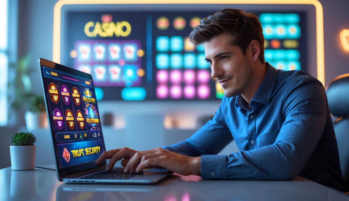 Seorang pria muda duduk di meja dengan laptop, fokus bermain permainan slot online di ruangan modern yang terang.