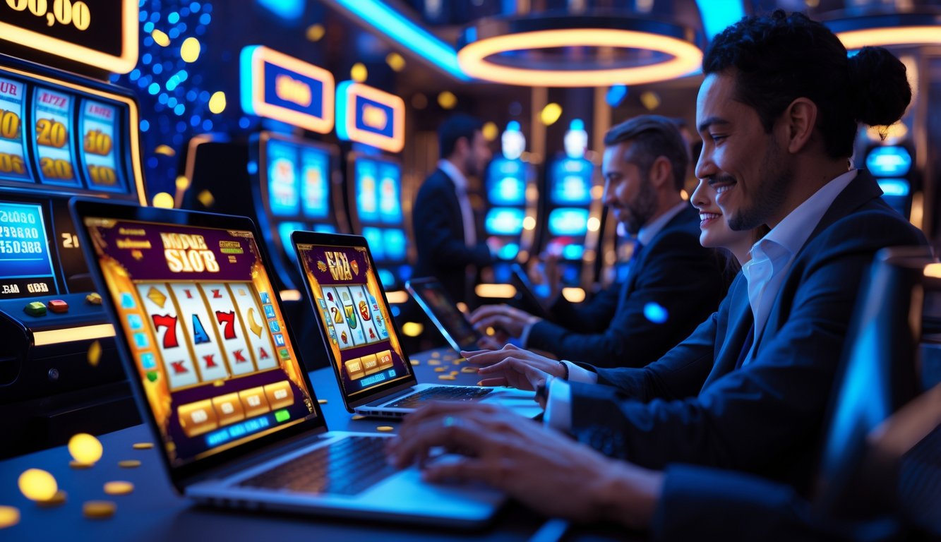 Orang-orang sedang bermain game slot online di laptop dan ponsel dalam ruangan modern dengan suasana cerah dan elemen kemenangan di latar belakang.
