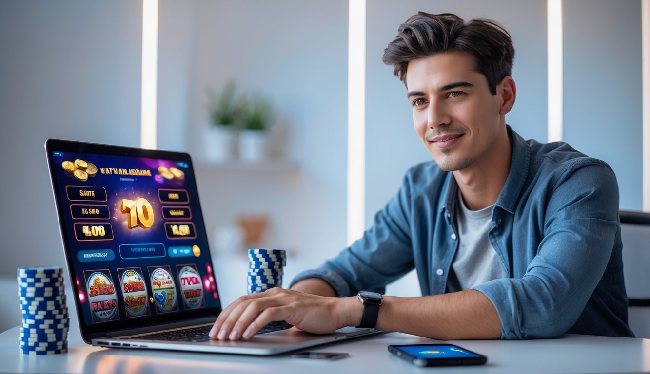 Seseorang duduk di depan laptop bermain permainan slot online dengan ekspresi percaya diri di ruangan yang terang dan rapi.