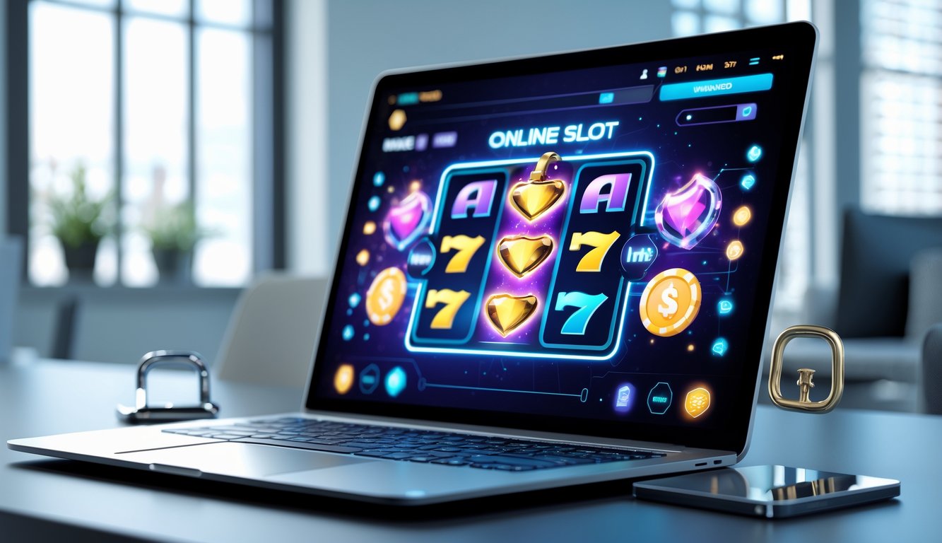 Layar komputer menampilkan permainan slot online dengan latar belakang ruangan modern yang terang dan elemen keamanan digital.