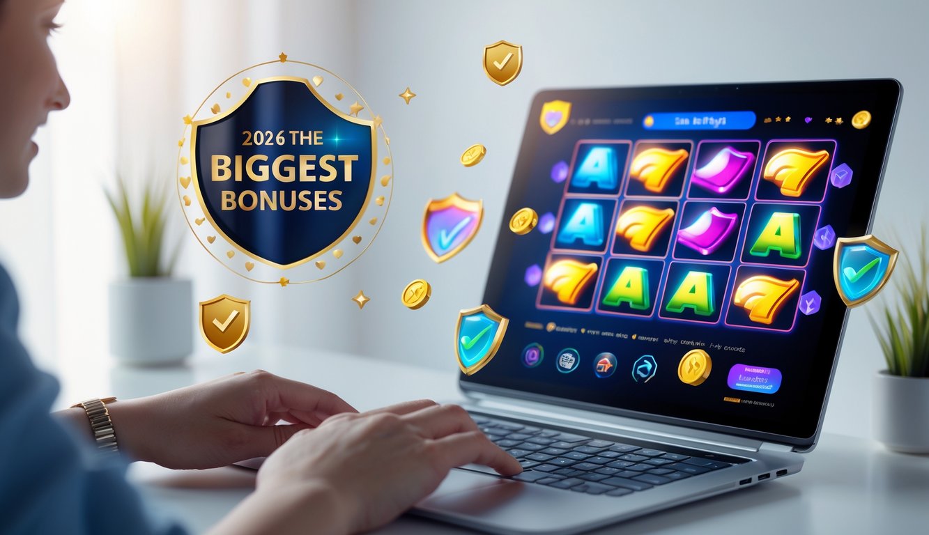 Seorang pengguna sedang bermain permainan slot online di komputer dengan latar belakang yang bersih dan elemen yang menunjukkan keamanan dan kepercayaan.