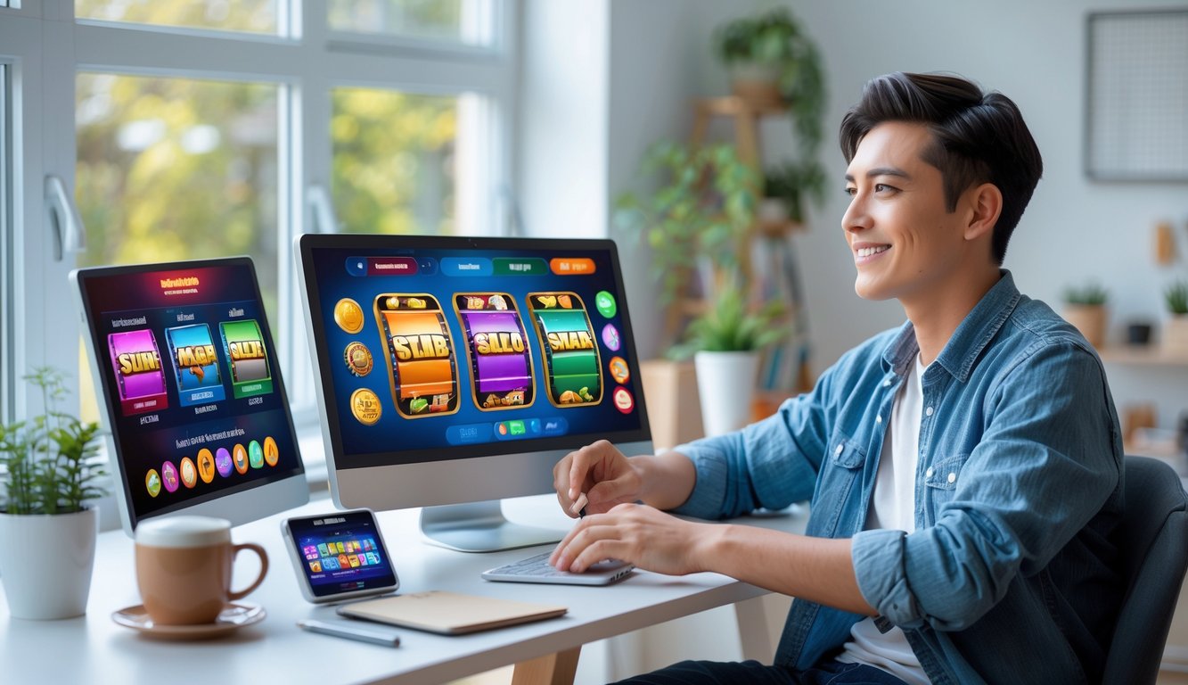 Seorang dewasa muda duduk di meja dengan beberapa perangkat digital menampilkan permainan slot online, tampak fokus dan optimis di ruang kerja yang terang dan nyaman.