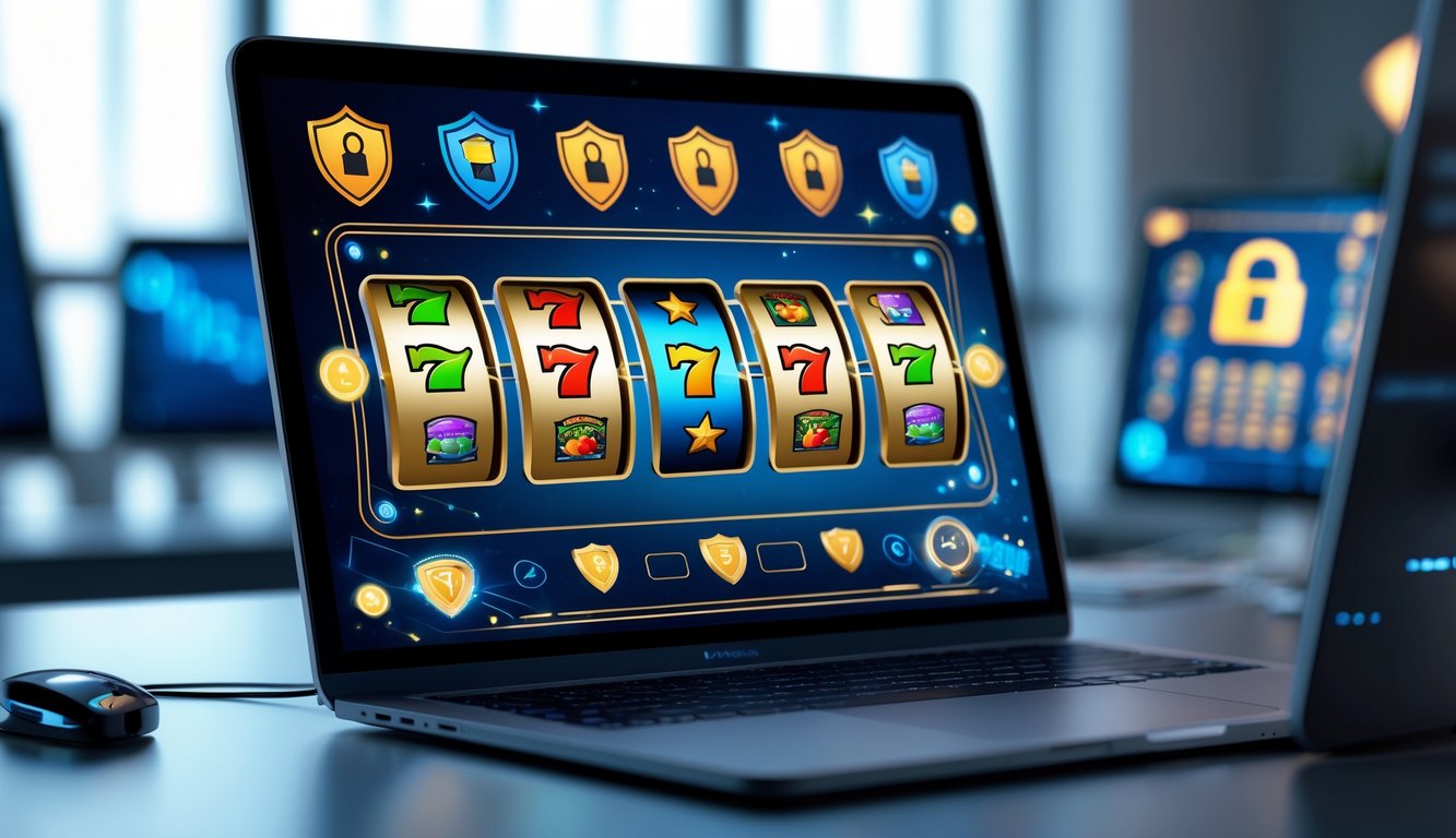 Layar komputer menampilkan permainan slot online dengan simbol warna-warni dan ikon keamanan di latar belakang.