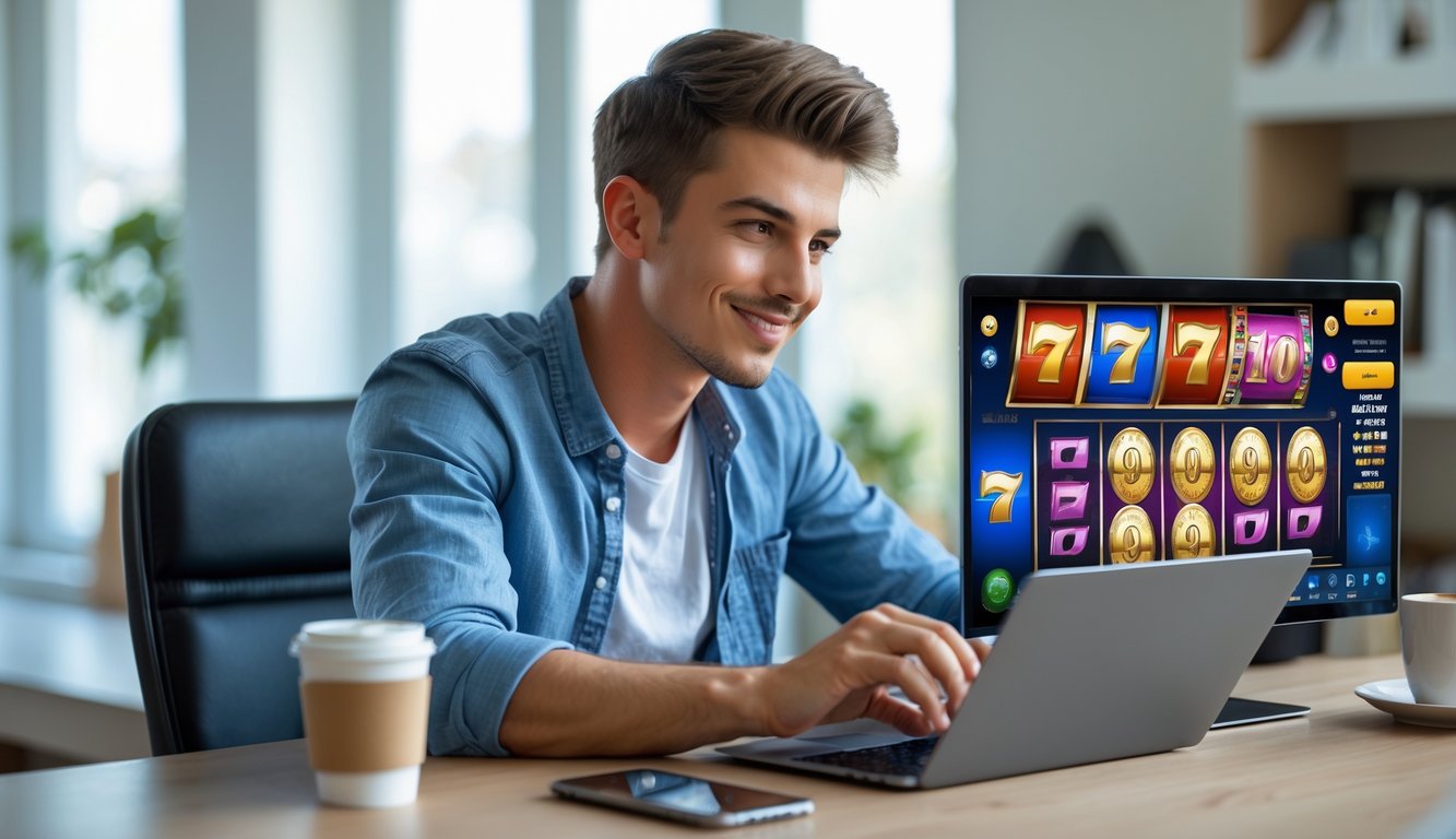Seorang pria muda duduk di meja dengan laptop yang menampilkan permainan slot online, terlihat fokus dan percaya diri.