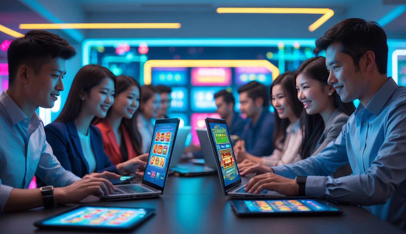 Sekelompok orang muda menggunakan laptop dan ponsel di kantor modern dengan latar belakang grafis digital yang menampilkan permainan slot online.