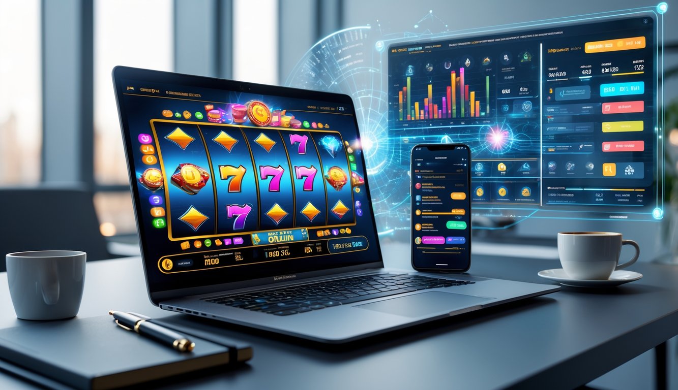 Sebuah ruang kerja modern dengan laptop yang menampilkan permainan mesin slot online, dikelilingi oleh alat tulis, ponsel, dan secangkir kopi di atas meja.