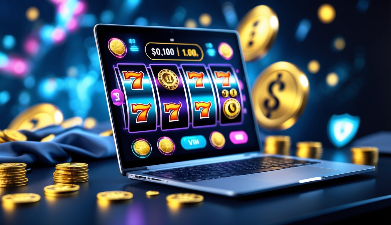 Sebuah setup permainan slot online dengan komputer menampilkan grafik mesin slot berwarna cerah dan simbol jackpot, dikelilingi oleh elemen yang menunjukkan keamanan dan kepercayaan.