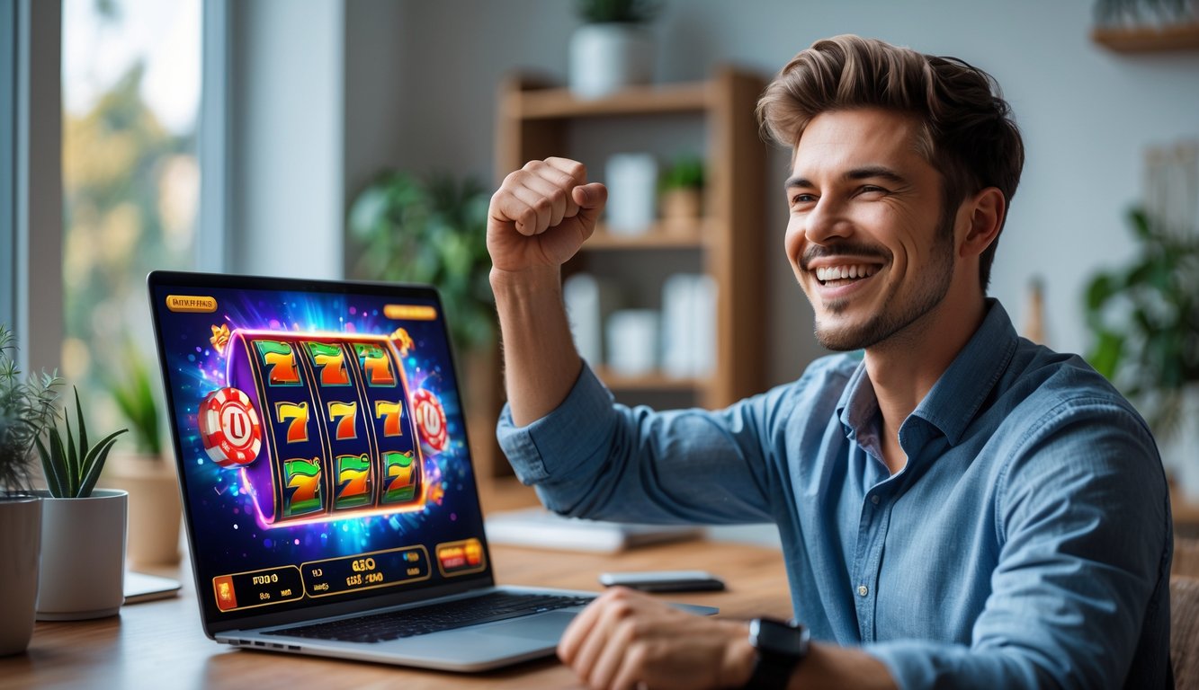Seorang pria muda tersenyum dan merayakan kemenangan saat bermain permainan slot online di laptop di ruang kerja rumah yang nyaman.