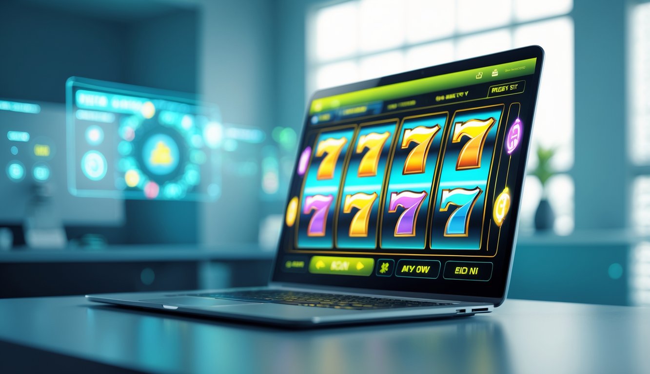 Seorang pengguna sedang bermain mesin slot online di komputer modern dengan latar belakang ruang kerja yang bersih dan teknologi canggih.