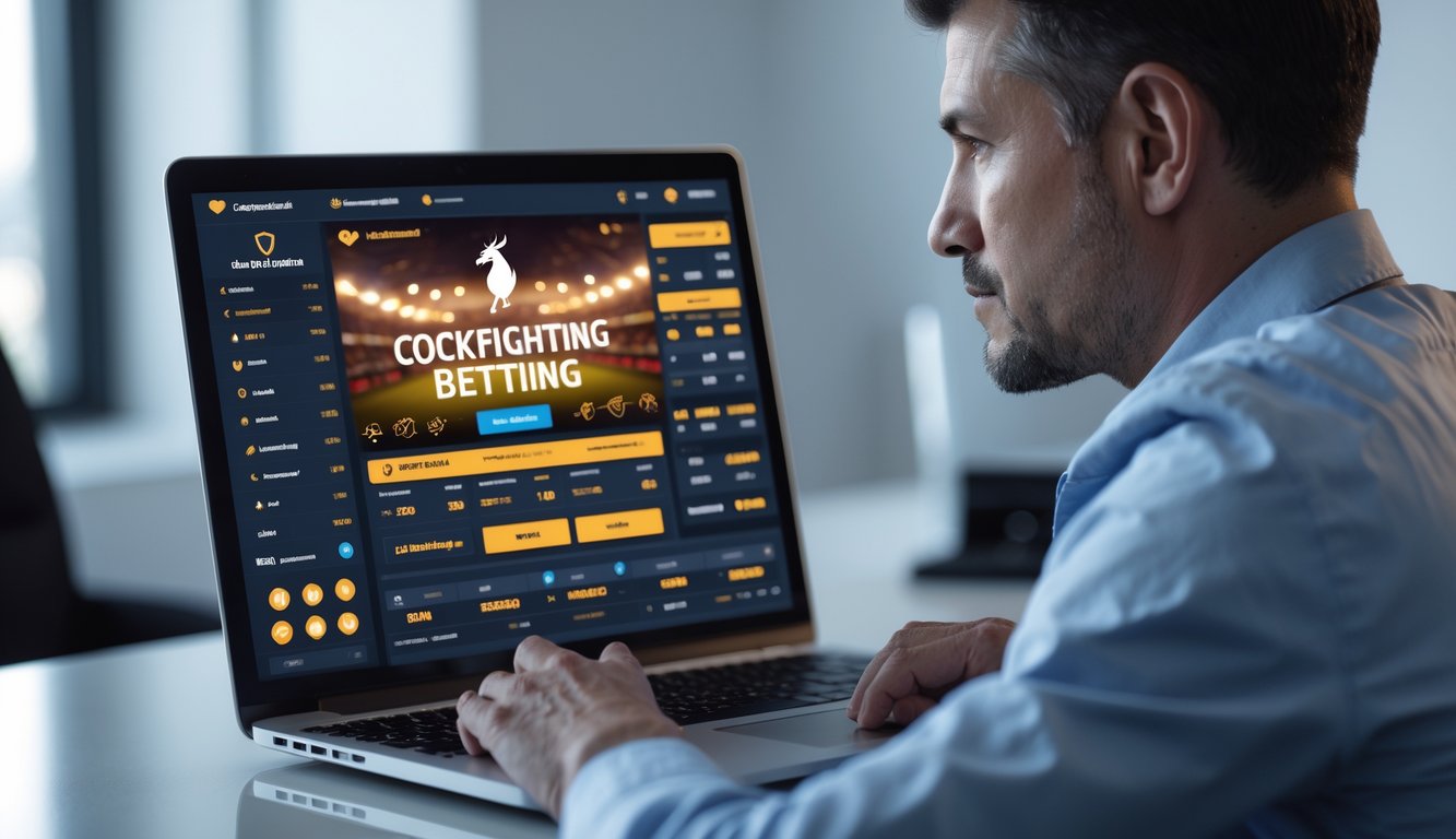 Seseorang sedang menggunakan laptop dengan tampilan situs judi sabung ayam online yang profesional di sebuah ruangan terang.