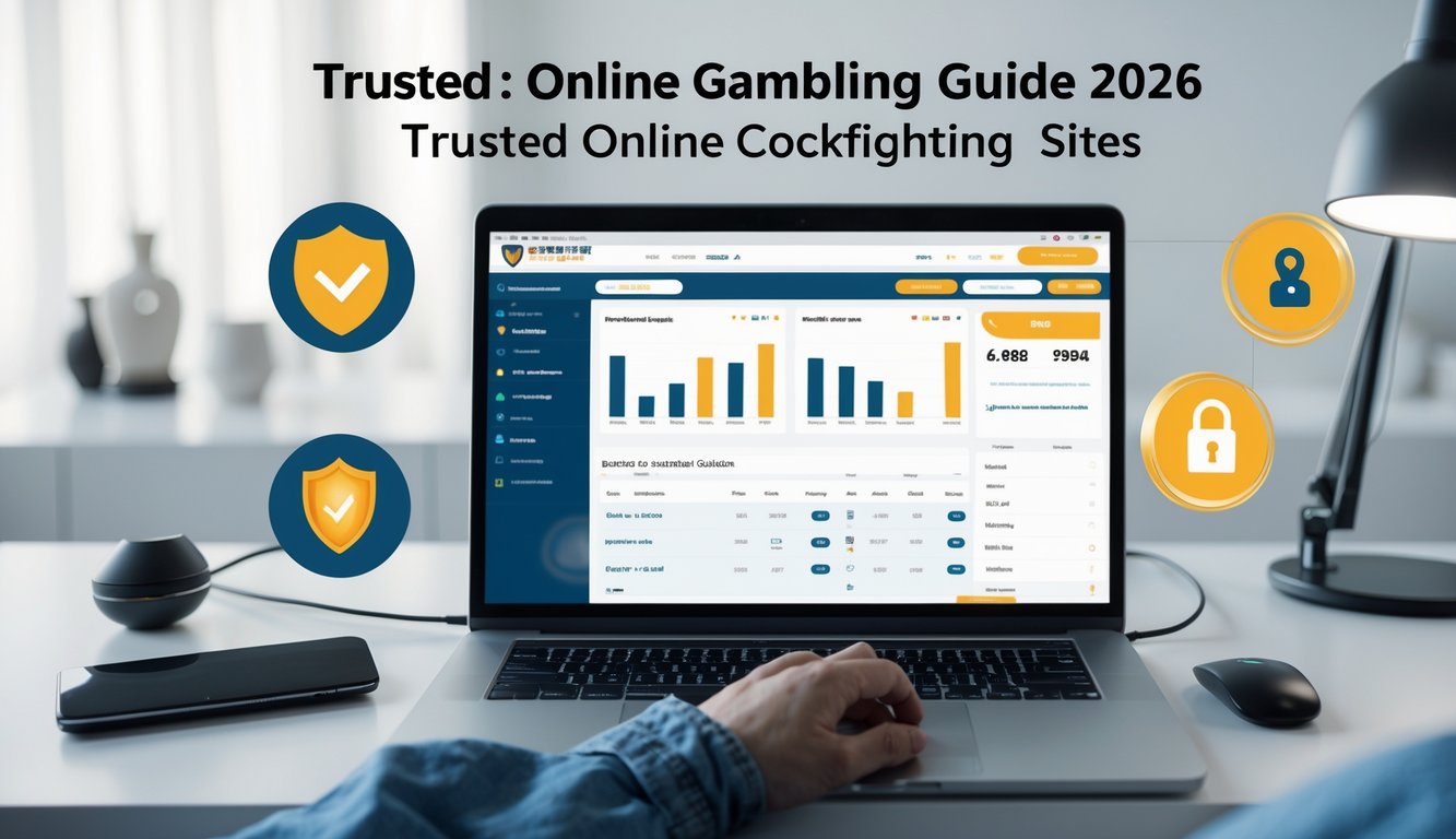 Seorang dewasa muda duduk di depan laptop di meja kerja modern, sedang menggunakan situs judi sabung ayam online dengan tampilan antarmuka dan simbol keamanan di layar.