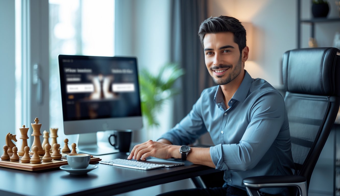 Seorang pria duduk di depan komputer di ruang kerja rumah yang rapi, tampak fokus dan percaya diri dengan meja yang memiliki papan catur dan secangkir kopi.