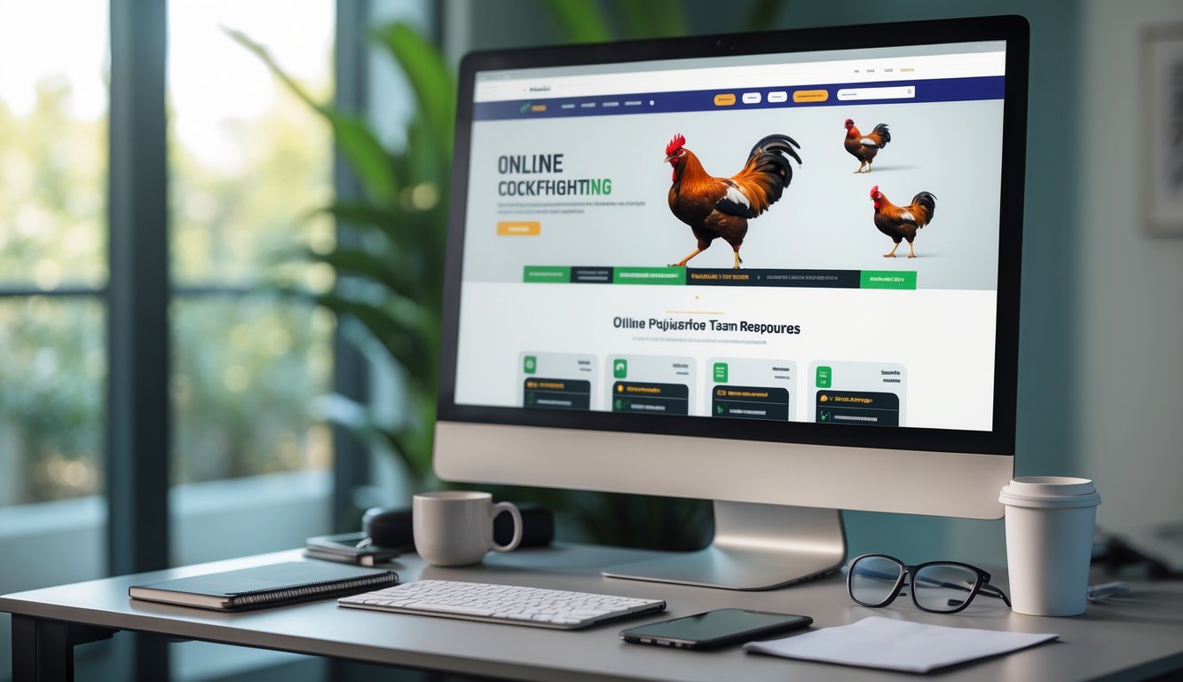 Meja kerja dengan komputer yang menampilkan situs web terkait permainan online, dilengkapi dengan cangkir kopi, catatan, dan pemandangan jendela di latar belakang.