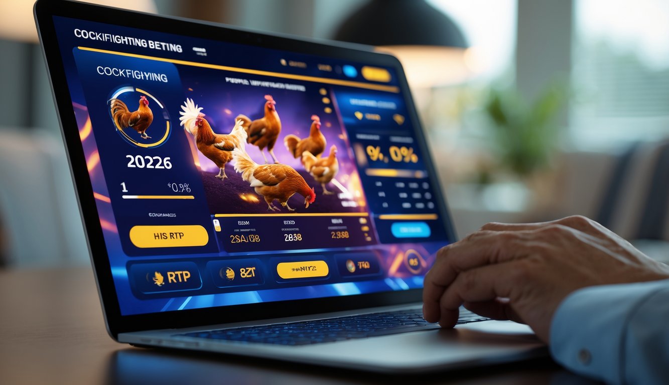 Seseorang menggunakan laptop atau ponsel untuk memasang taruhan sabung ayam secara online di lingkungan modern dan profesional.