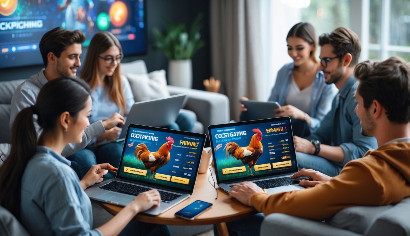 Sekelompok orang muda menggunakan perangkat elektronik di ruang tamu modern untuk bermain judi sabung ayam secara online dengan suasana percaya diri dan fokus.