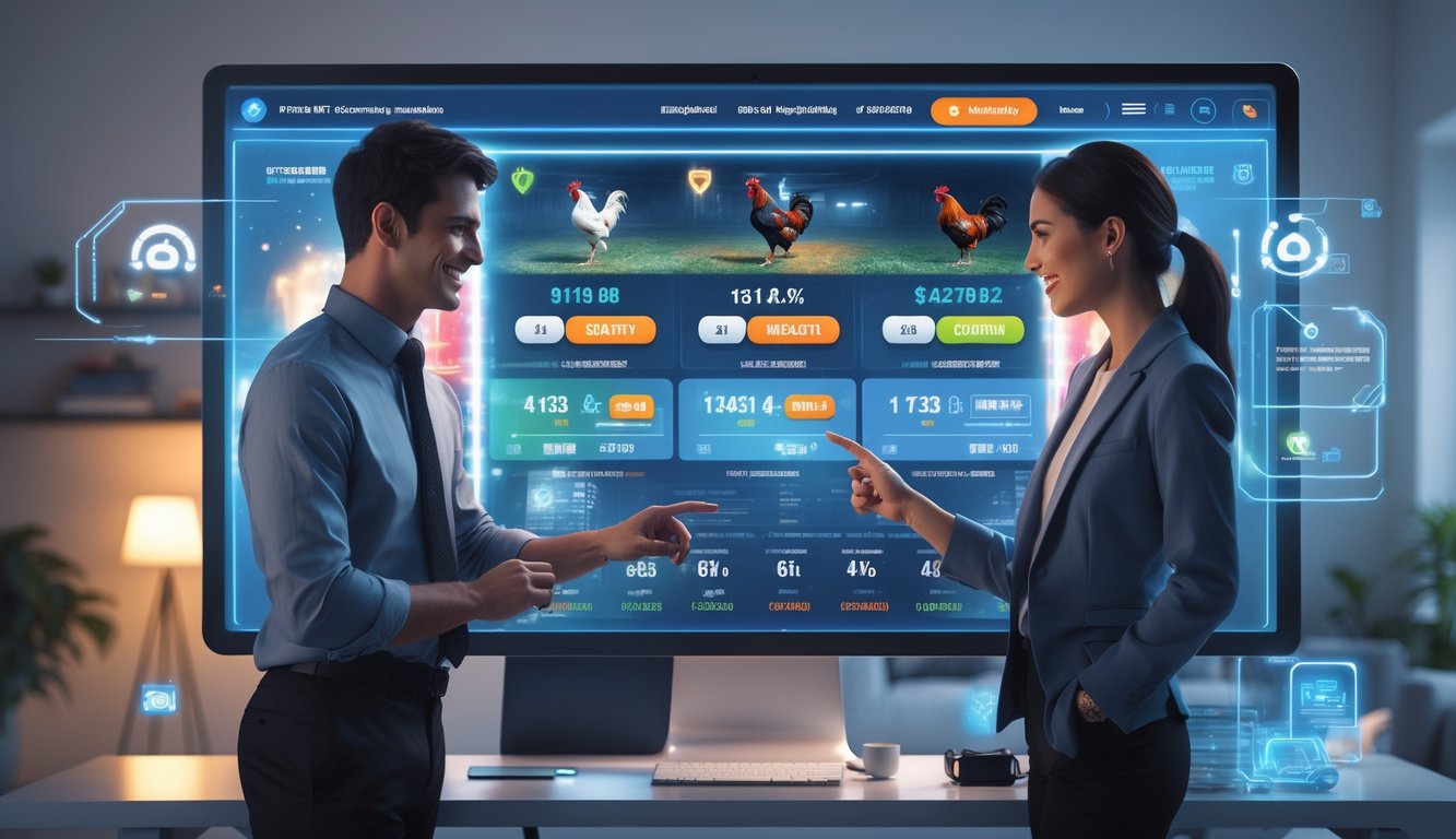 Dua orang muda sedang menggunakan layar sentuh digital dengan grafik taruhan sabung ayam di lingkungan kantor rumah yang modern dan aman.