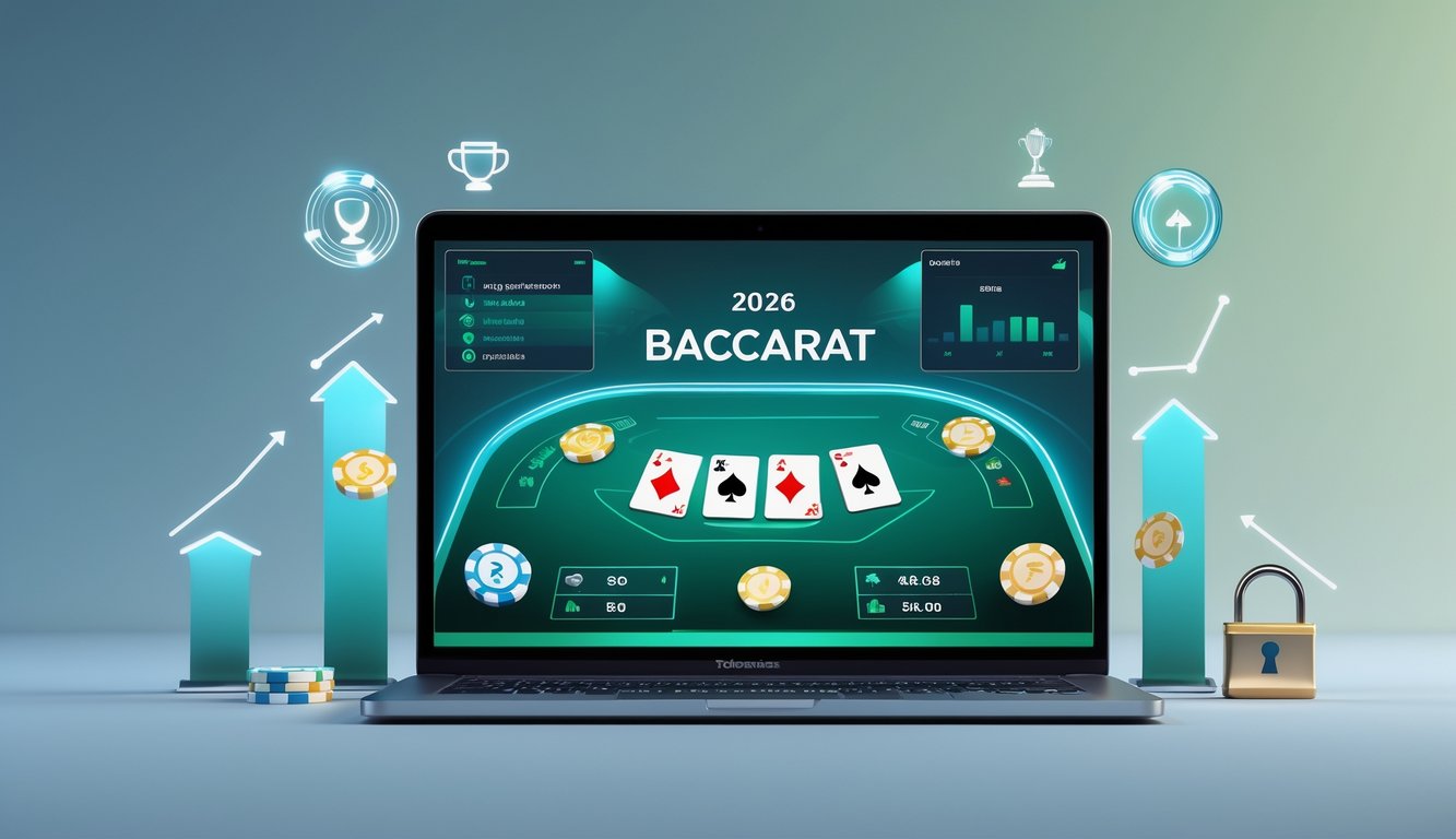 Suasana permainan baccarat online dengan komputer menampilkan kartu dan chip, dilengkapi ikon kemenangan dan keamanan digital.