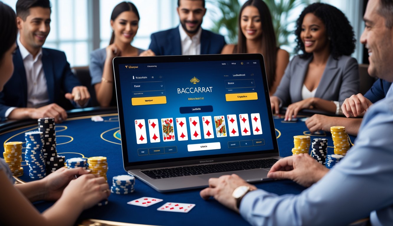 Sekelompok orang bermain baccarat online di layar digital dalam suasana kasino yang modern dan profesional.